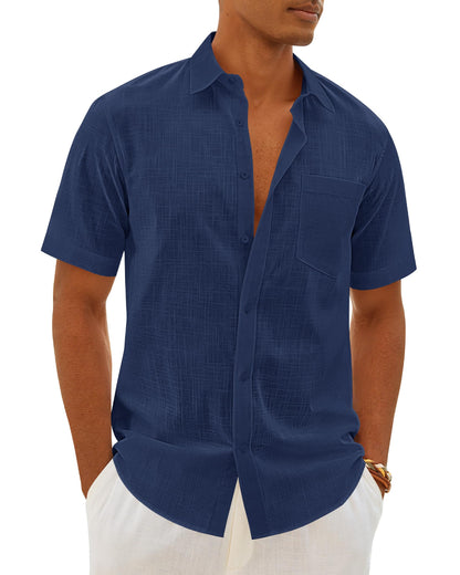 HOTMens Linen Textured Shirt Cotton Short Sleeve Summer Button Down Shirts | 100% Cotton, Linen-look Texture, Casual Wear, Breathable Feel, Lightweight, Untucked, Regular Fit, Beach, Vacation, Resort