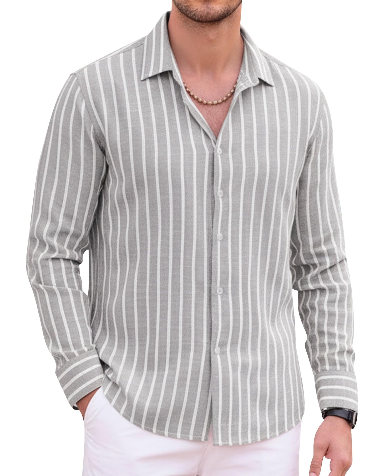 HOTAlex Vando Mens Linen Shirts Long Sleeve Button Down Striped Beach Shirt | Breathable Skin-Friendly Anti-Shrink Fabric, Classic Stripes For Casual Style, All-Day Comfort, Easy Care