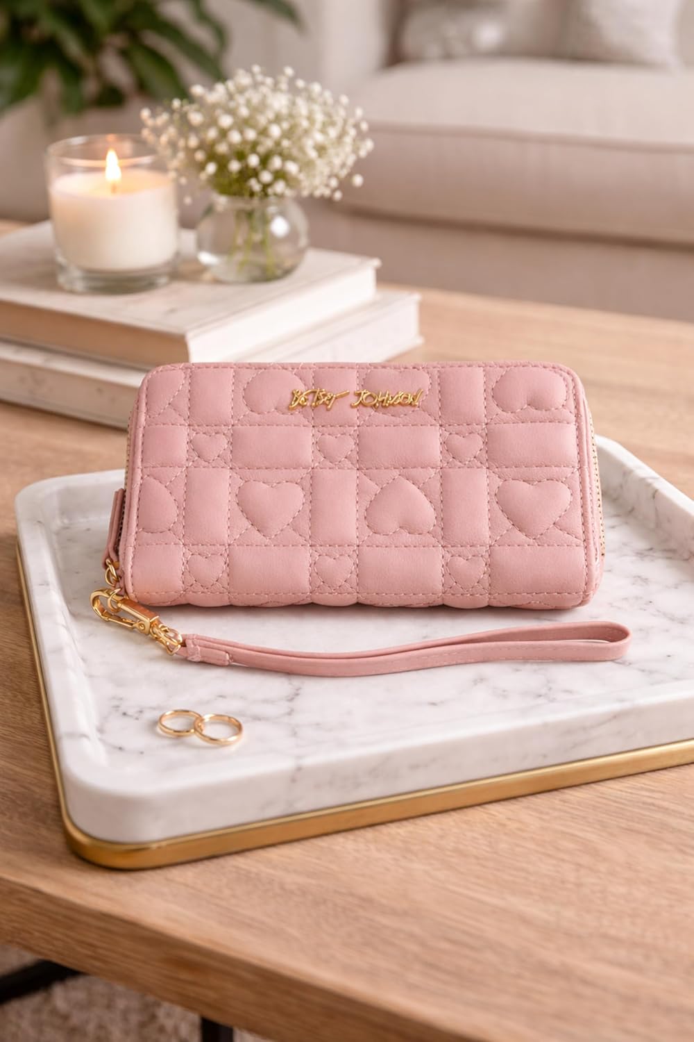 HOTBetsey Johnson Women’s Zip Around Wallet with Quilted Heart Design & Wristlet Strap (Pink)