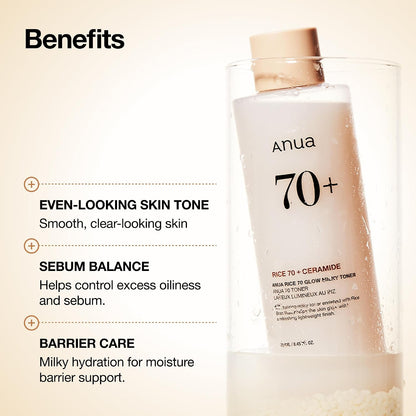 HOTAnua Rice 70 Glow Milky Toner, Glass & Dewy Skin, Hydrating & Barrier Care, Rice Water, Niacinamide, Ceramides, All Skin Types, Fragrance-Free, Non Comedogenic, Korean Skincare, 8.45 fl.oz.