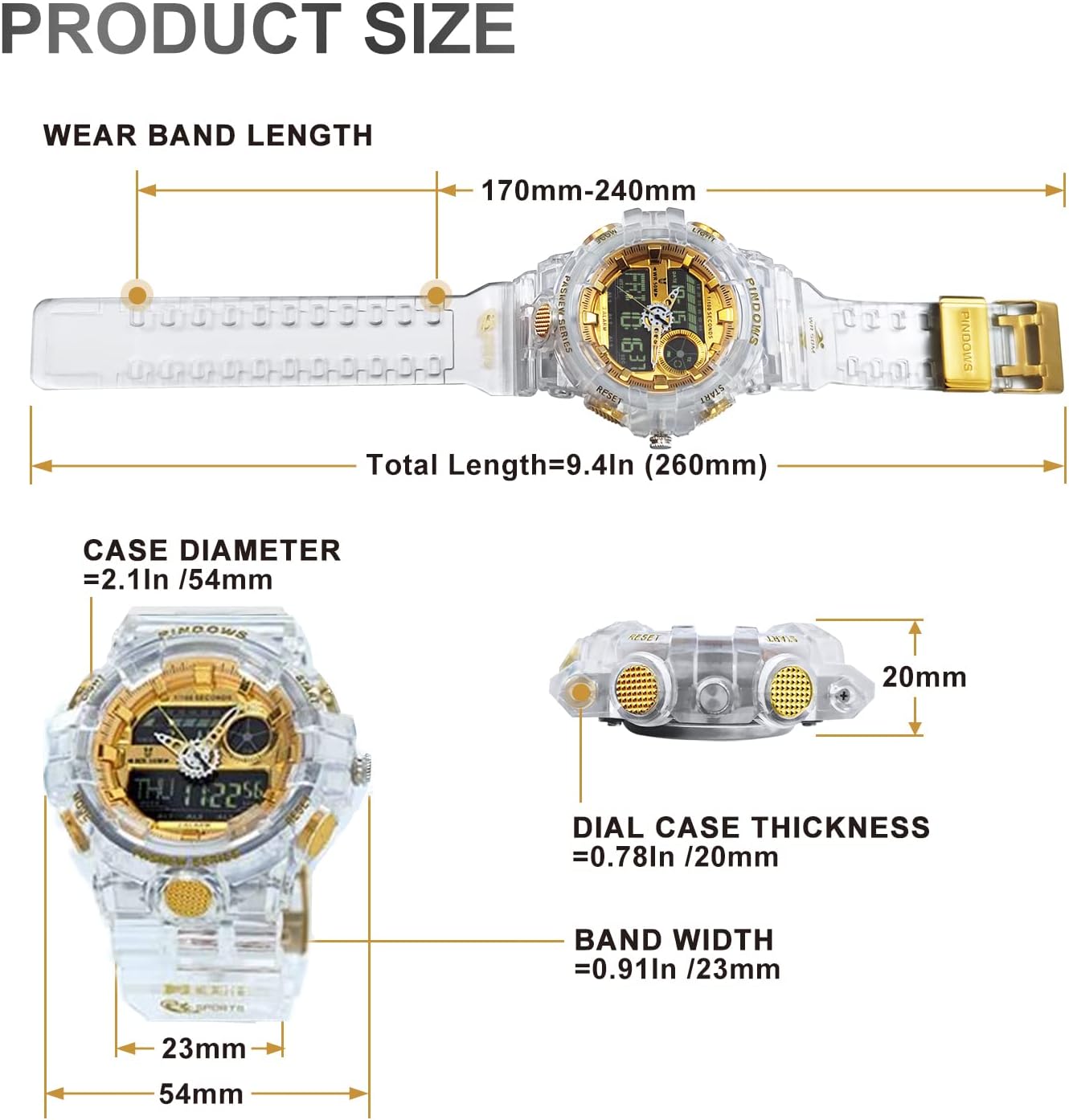 HOTPINIDOUS Mens Watch for Men Digital Sport Watch Transparent Gold Watches Waterproof Watches with 3 Alarms/Countdown/Stopwatch/Digital-Analog/Dual Time/Light/Military Multifunctional Wrist Watch