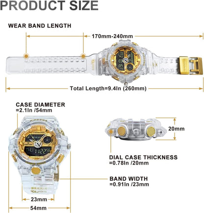 HOTPINIDOUS Mens Watch for Men Digital Sport Watch Transparent Gold Watches Waterproof Watches with 3 Alarms/Countdown/Stopwatch/Digital-Analog/Dual Time/Light/Military Multifunctional Wrist Watch