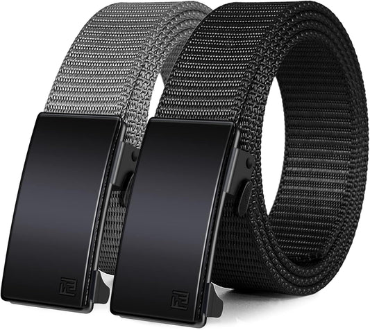 HOTWONDAY Ratchet Belts for Men 2 Pack Nylon Web No Hole Automatic Buckle Heavy Duty Work Belt for Golf Tactical Outdoor Hiking
