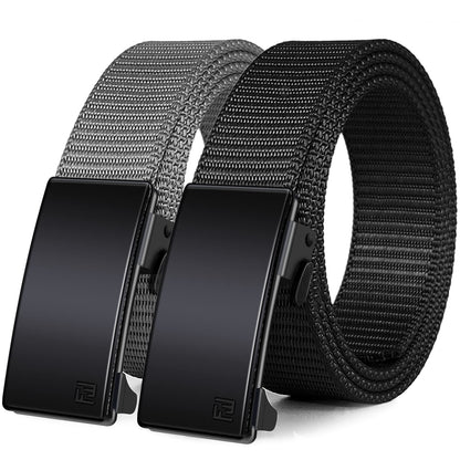 HOTWONDAY Ratchet Belts for Men 2 Pack Nylon Web No Hole Automatic Buckle Heavy Duty Work Belt for Golf Tactical Outdoor Hiking