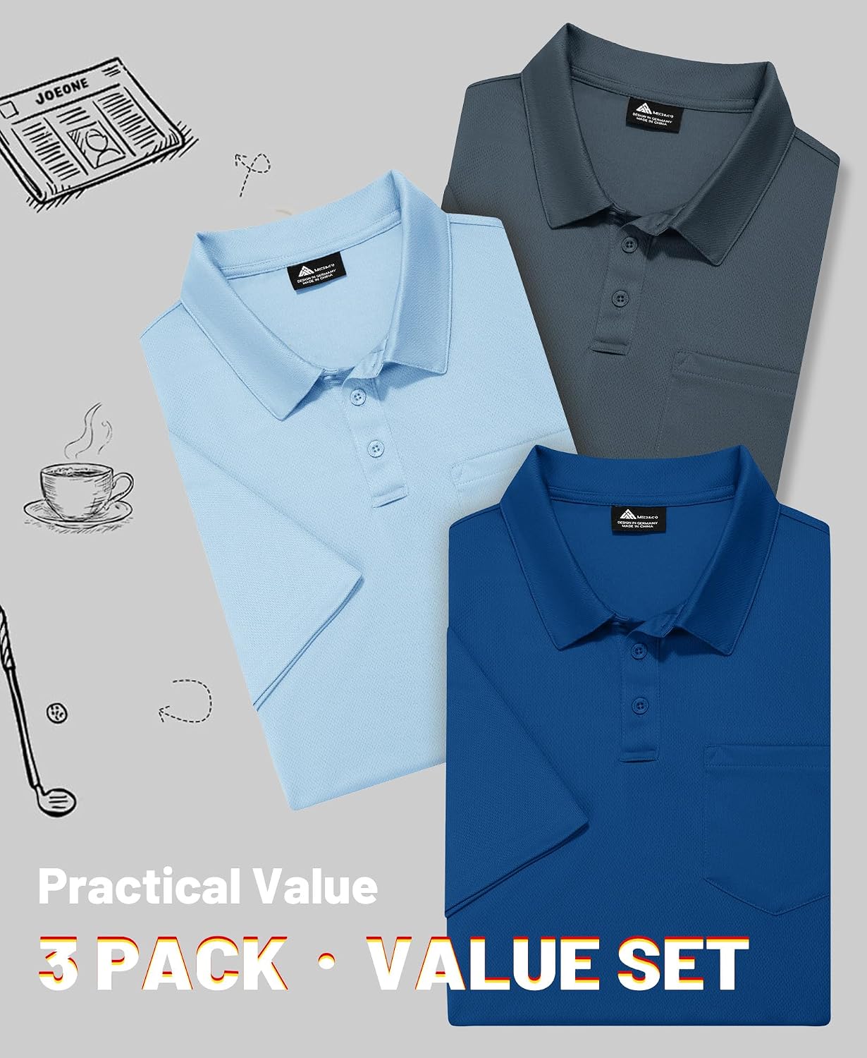 HOTZITY Men's 3 Pack Polo Shirts Short Sleeve with Pocket Moisture Wicking Casual Work Golf Lightweight Collared T-Shirts