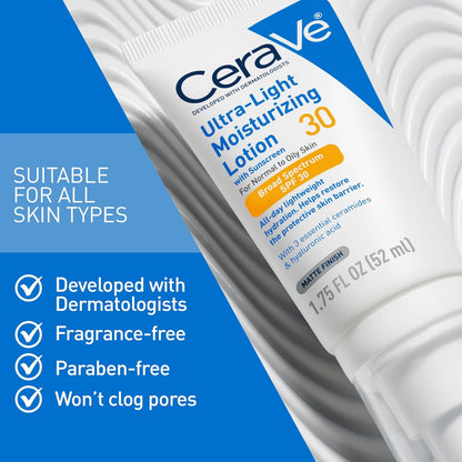 HOTCeraVe Ultra-Light Moisturizing Lotion With SPF 30, Daily Face Moisturizer with SPF, Formulated with Hyaluronic Acid & Ceramides, Broad Spectrum SPF, Oil Free, Matte Finish, 1.7 Ounce