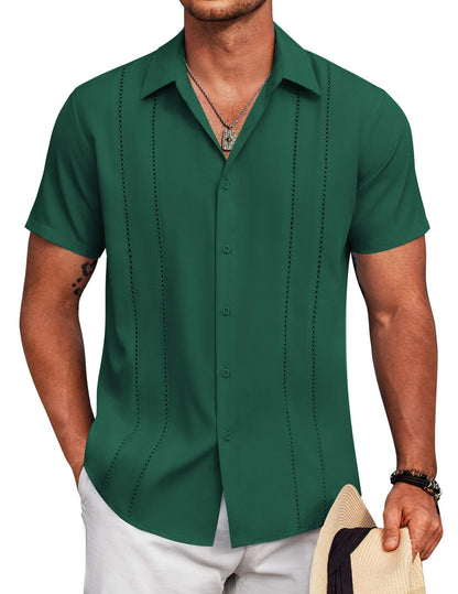HOTCOOFANDY Mens Cuban Guayabera Shirt Short Sleeve Button Down Shirts Summer Beach Vacation Shirts