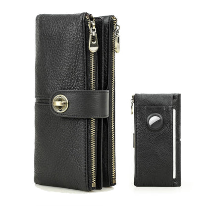 HOTCONTACTS Full Grain Leather Turnlock Wallet for Women Double Zipper Clutch Purse Compatible with AirTag Phone Organizer Rfid Wallet with 18 Card Slots (Brown)