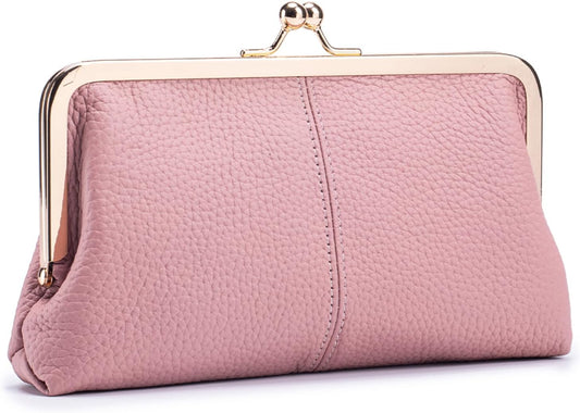 HOTVintage Kiss Lock Clutch for Women, Top Grain Genuine Leather Wallet with 8 Card Slots & Zipper Coin Pocket, Large Capacity Travel Clutch Purse (Pink)