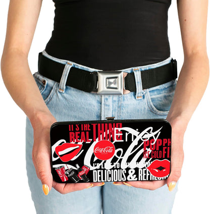 HOTBuckle-Down Coca-Cola Hinged Clasp Wallet | Coca Cola Its The Real Thing Collage Black Red White Credit Card Slots Vegan Leather