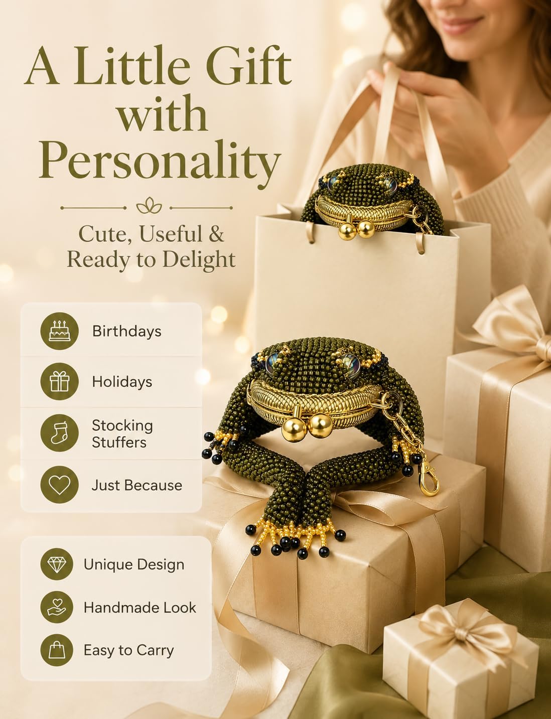 HOTFrog Coin Purse, Beaded Kiss Lock Keychain Pouch with Lucky Toad Design (2 PCS)