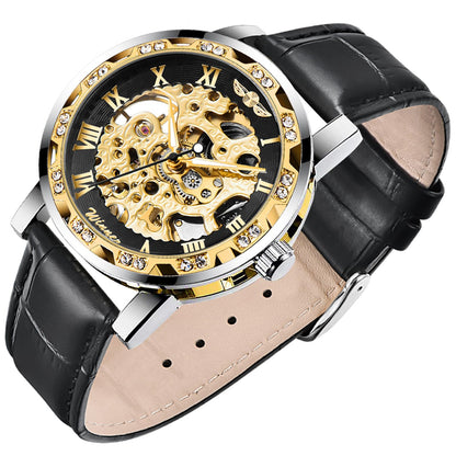 HOTMen's Skeleton Mechanical Roman Numeral Mesh Strap Watch, Hand Winding Mechanical Mesh Luminous Waterproof Watch for Men