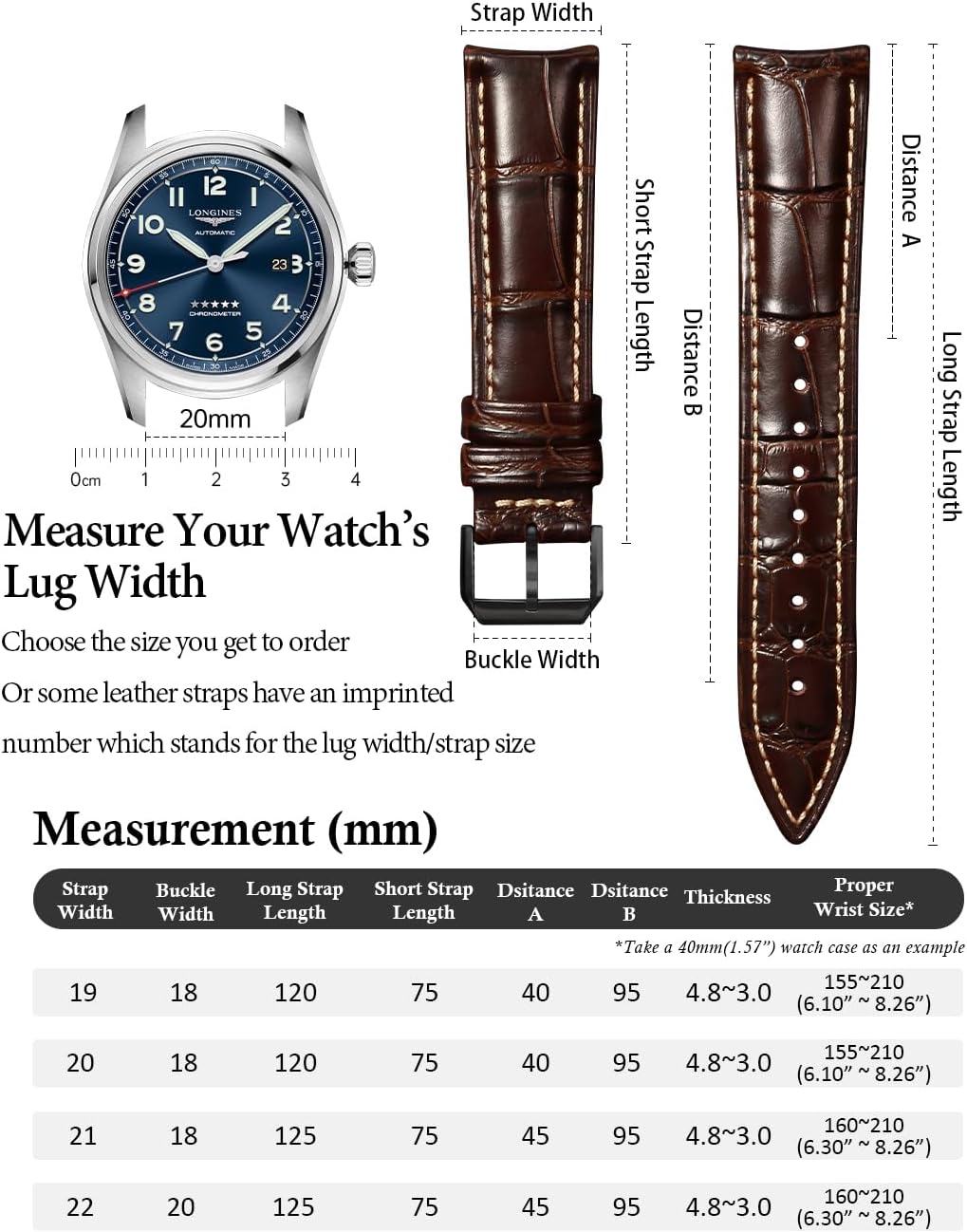 HOTREZERO Leather Watch Band for Men, Quick-Release Alligator Grain Embossed | REZERO Watch Bands Replacement | Luxury Style | 316L Stainless Steel Hardware | Curved End for Round Dial | 19/20/21/22mm