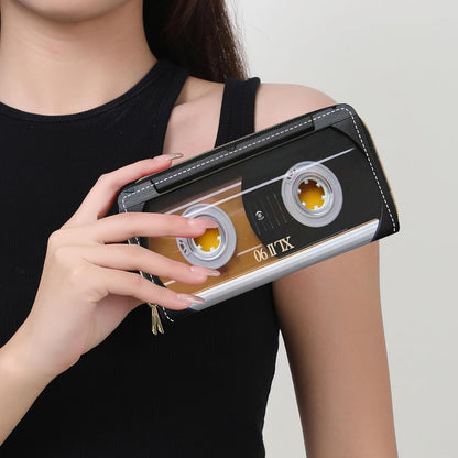 HOTWomen's Vintage 80s Music Cassette Print Double Zipper Wallet, Large Capacity, Credit Card Holder, Phone Wallet, Wristlet Strap, 7.87 x 4.13 x 1.77 inches