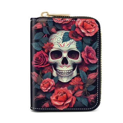 HOTCredit Card Holder Wallets for Women, Slim Leather Card Holder Wallet, Credit Card Wallet Organizer, Pocket Business Card Case with Zipper, Elephants and Flowers Under the Moon