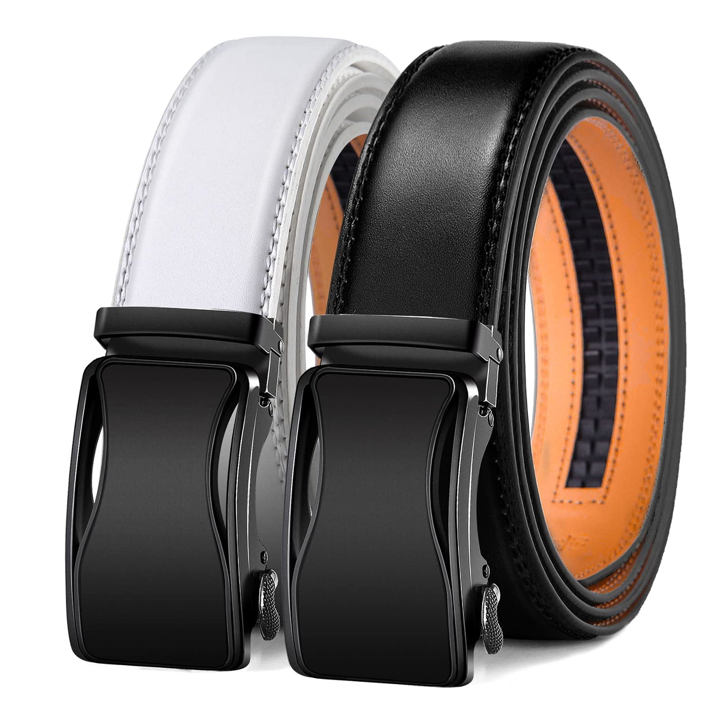 HOTKEMISANT Men's Ratchet Leather Belt 2Pack-Trimmable 1 3/8“-Gift Boxed | Smooth Sliding | Micro Adjustable Fit | Tailored Size | Holeless Understated Elegance