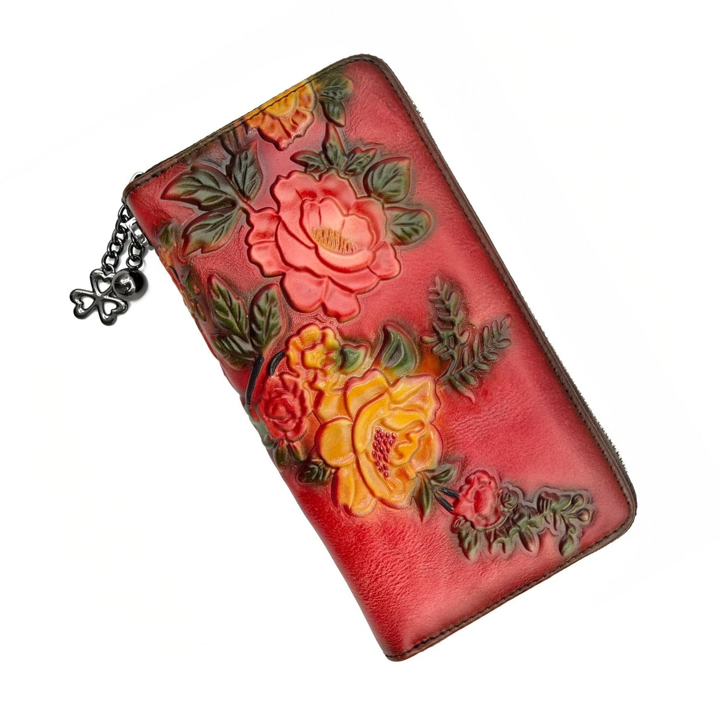 HOTWallet Genuine Leather for Women - with RFID Blocking Card checkbook ID Slot Large Capacity Vintage style (flower brown)
