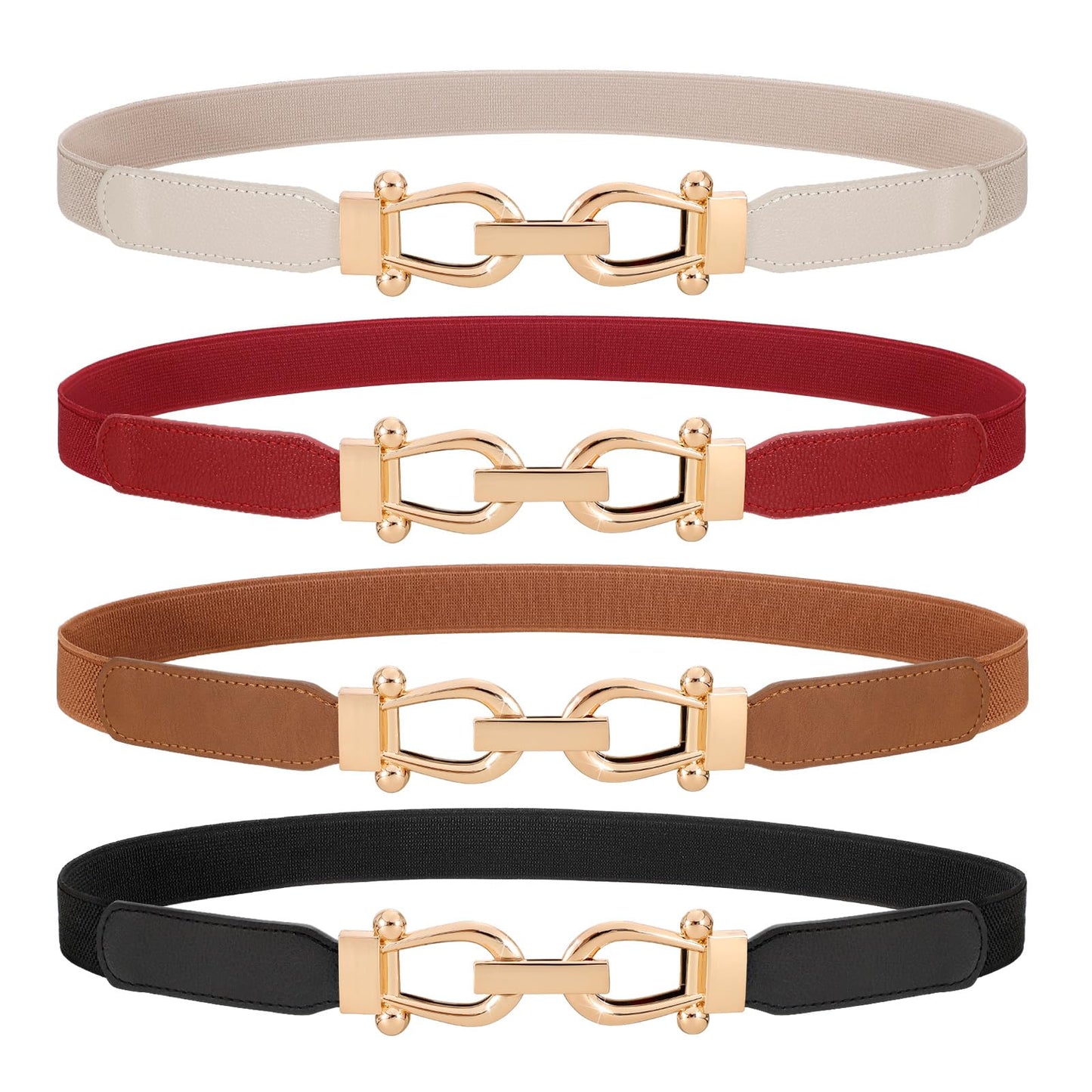 HOTWERFORU 4 Pack Women Skinny Elastic Waist Belt Gold Buckle Stretchy Thin Belt for Jeans Dress