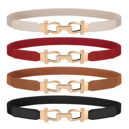 HOTWERFORU 4 Pack Women Skinny Elastic Waist Belt Gold Buckle Stretchy Thin Belt for Jeans Dress