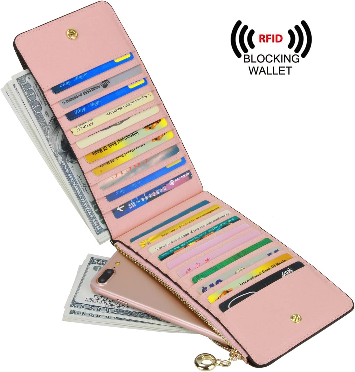 HOTYALUXE Women's RFID Blocking Genuine Leather Wallets Cell Phone Pocket Card Holder Organizer Leather Credit Card Cases Coin Purse with Zipper Pocket