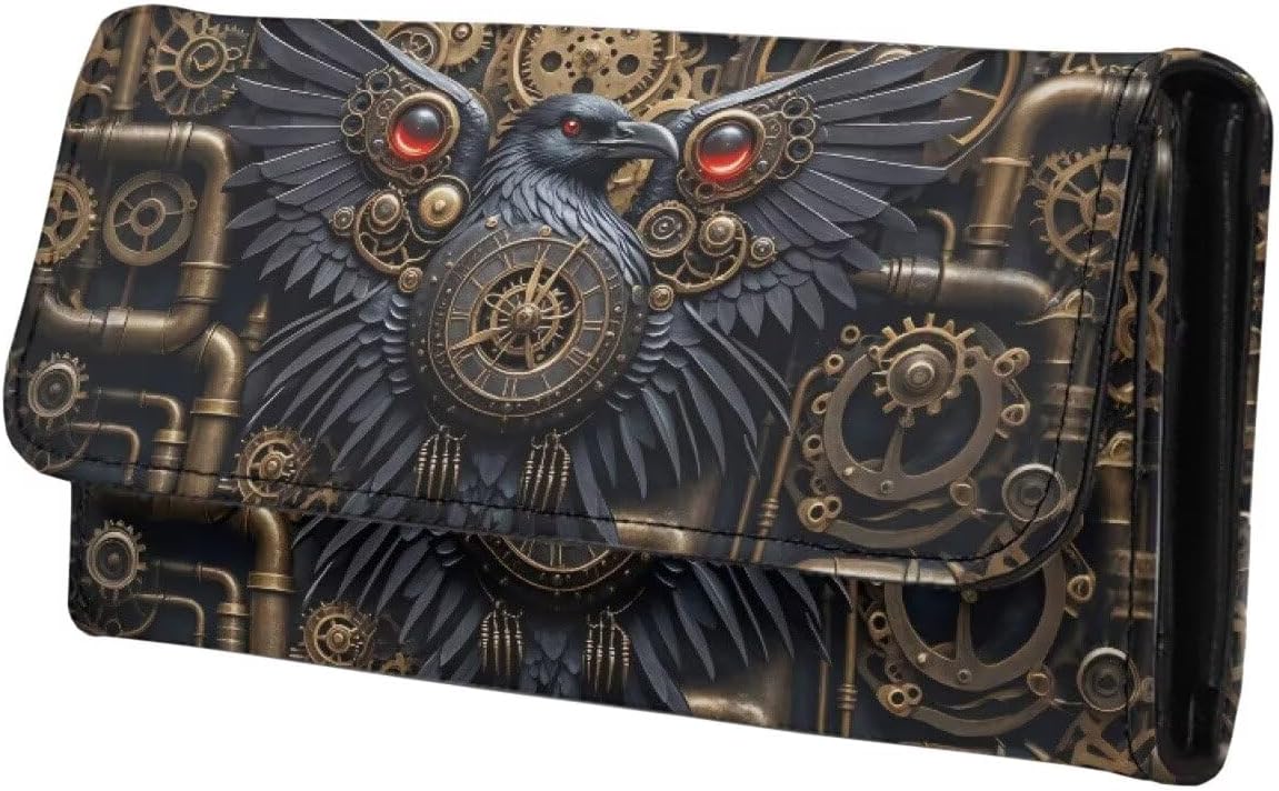 HOTBlack Raven PU Leather Wallet for Women Retro Victorian Steampunk Art Leather Card Holder Large Capacity, Mechanical Gears Crow Ladies Long Purse with ID Window