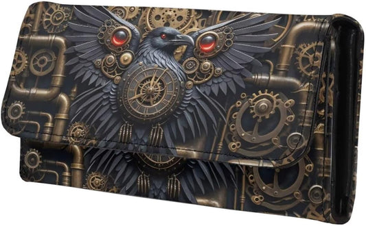 HOTBlack Raven PU Leather Wallet for Women Retro Victorian Steampunk Art Leather Card Holder Large Capacity, Mechanical Gears Crow Ladies Long Purse with ID Window