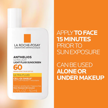 HOTAnthelios Light Fluid Facial Sunscreen SPF 60, Lightweight Sunscreen for Face, Fluid Texture, Broad Spectrum SPF