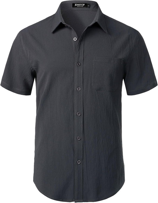HOTJEMITOP Mens Stretch Wrinkle Free Texture Shirts | Lightweight, Summer, Beach, Stylish, Button Down, Short Sleeve, Casual, Vacation