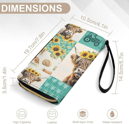 HOTRural Style Highland Cow Sunflower Collage Pattern Clutch Purse Leather Large Capacity Wristlet Leather Wallet