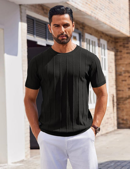 HOTCOOFANDY Men's T- Shirts Short Sleeve Knit Sweater Shirt Casual Crewneck Ribbed Pullover Tees