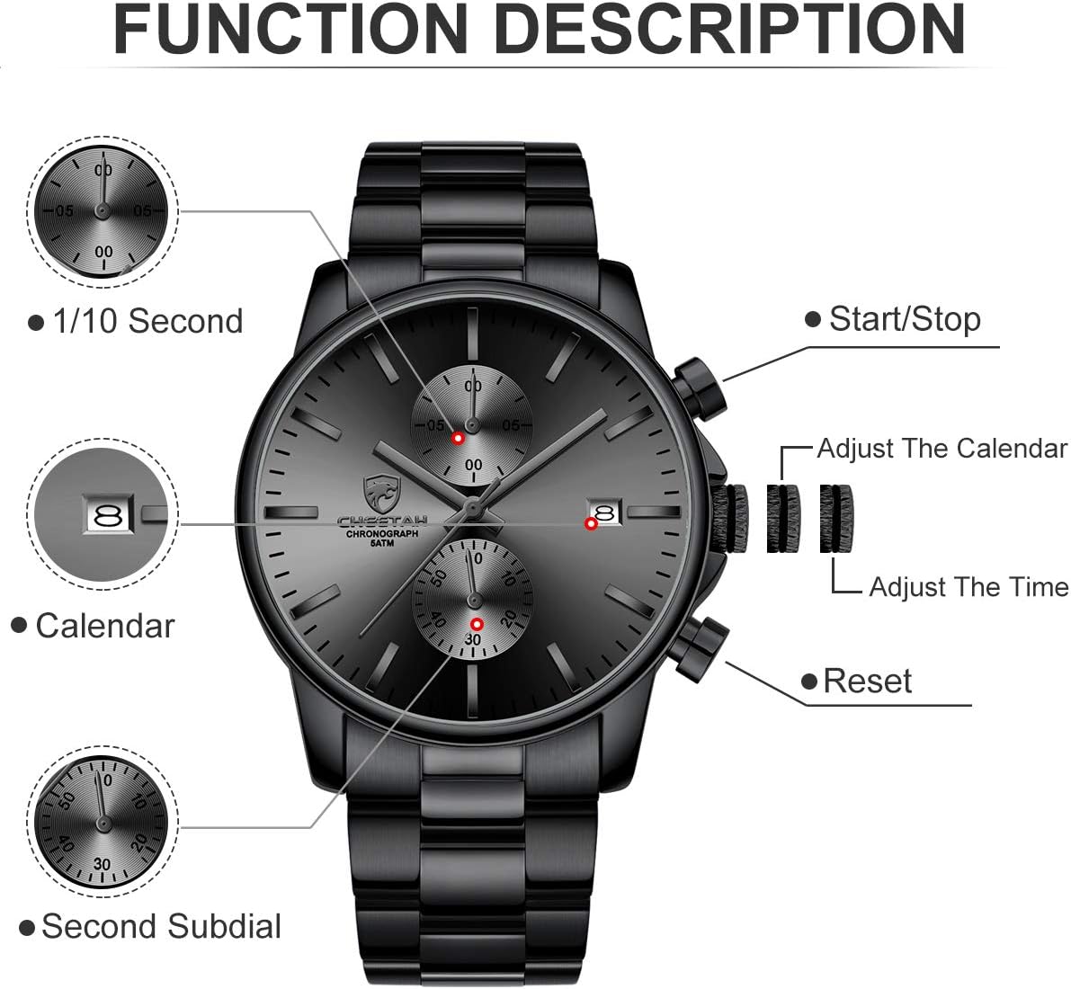 HOTGOLDEN HOUR Fashion Business Mens Watches with Stainless Steel Waterproof Chronograph Quartz Watch for Men, Auto Date