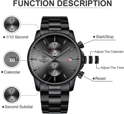 HOTGOLDEN HOUR Fashion Business Mens Watches with Stainless Steel Waterproof Chronograph Quartz Watch for Men, Auto Date