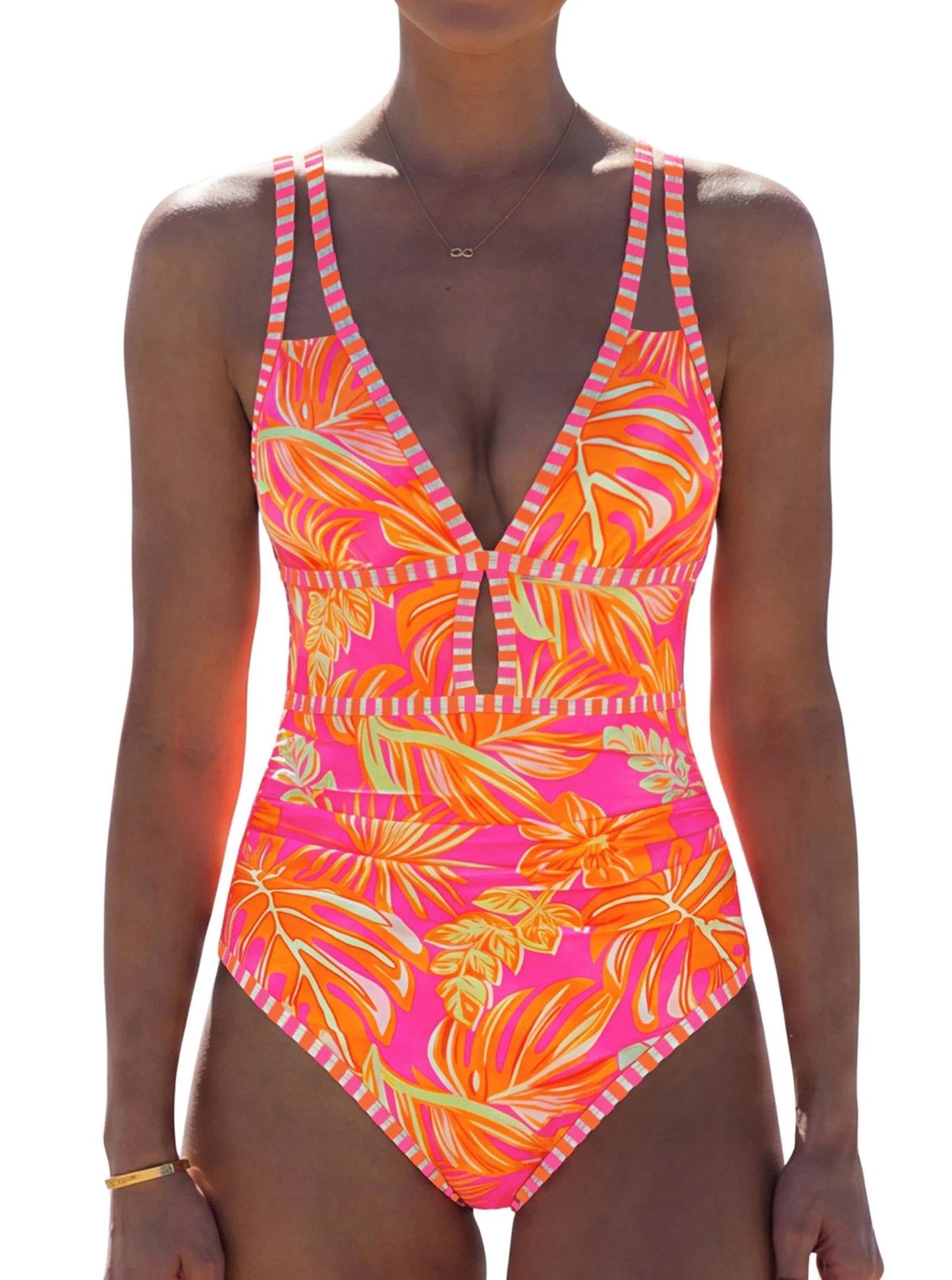 HOTpopvil Women One Piece Swimsuit 2026 Neon Tummy Control Bathing Suit | Tummy Ruched Design, Color Block, Cutout Design, Deep V Neck, Back tie,Adjustable Straps, Neon Trim,Vacation,Beach