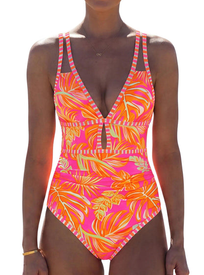 HOTpopvil Women One Piece Swimsuit 2026 Neon Tummy Control Bathing Suit | Tummy Ruched Design, Color Block, Cutout Design, Deep V Neck, Back tie,Adjustable Straps, Neon Trim,Vacation,Beach