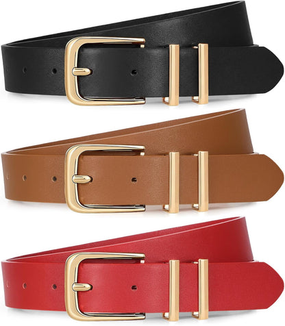 HOTXZQTIVE 3 Pack Women Belts For Jeans Dresses Pants Ladies Leather Waist Belt with Gold Buckle