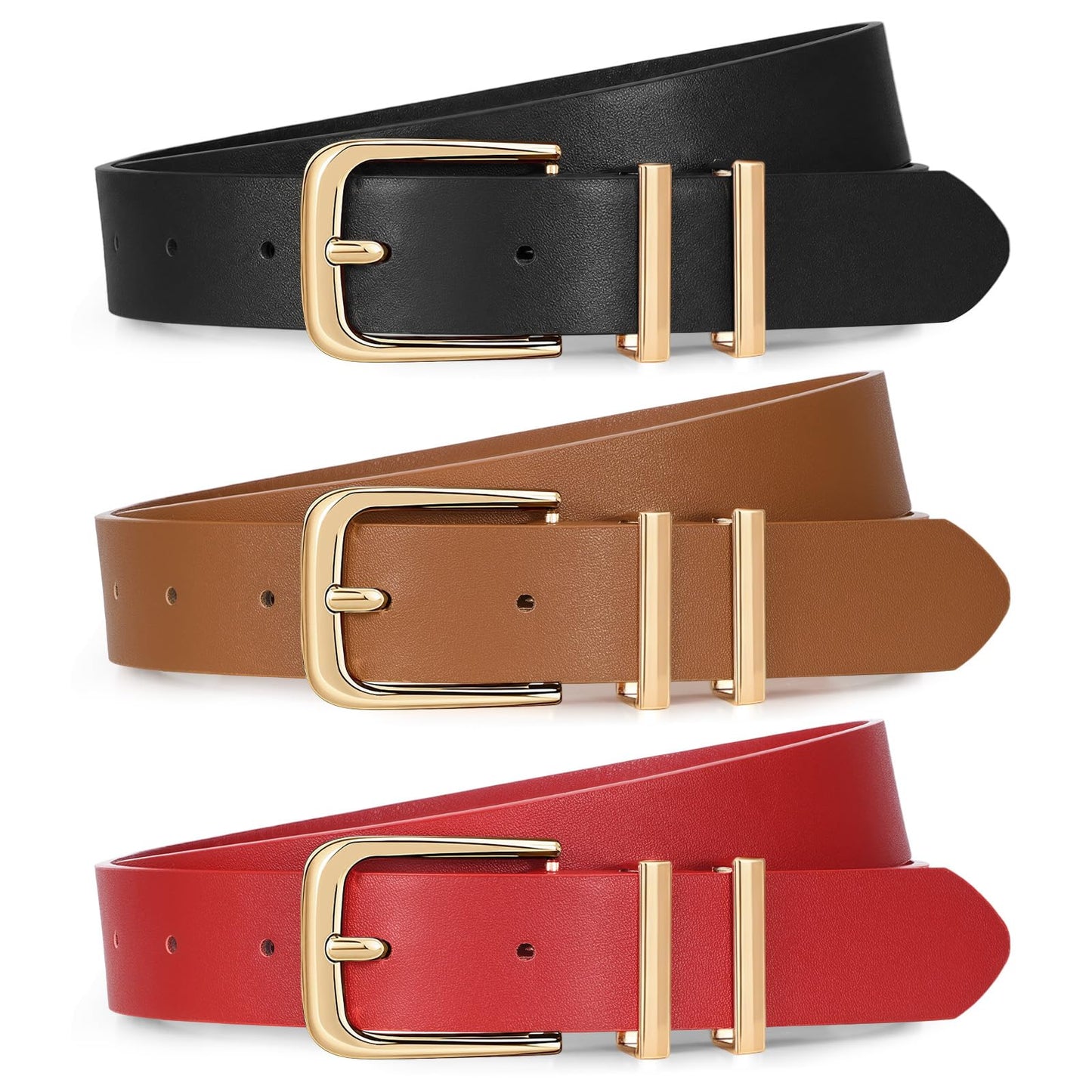 HOTXZQTIVE 3 Pack Women Belts For Jeans Dresses Pants Ladies Leather Waist Belt with Gold Buckle