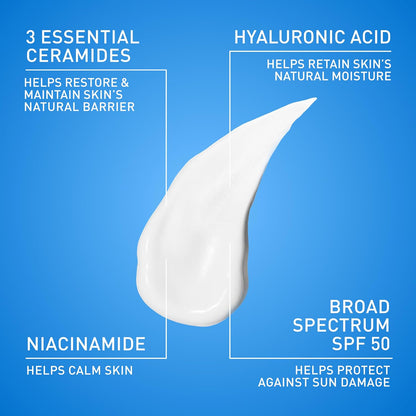 HOTCeraVe AM Facial Moisturizing Lotion SPF 50, Face Moisturizer with SPF, Hyaluronic Acid, Niacinamide & Ceramides, Non-Greasy, Blends Seamlessly With No White Cast, Non Comedogenic Sunscreen, 3 Oz