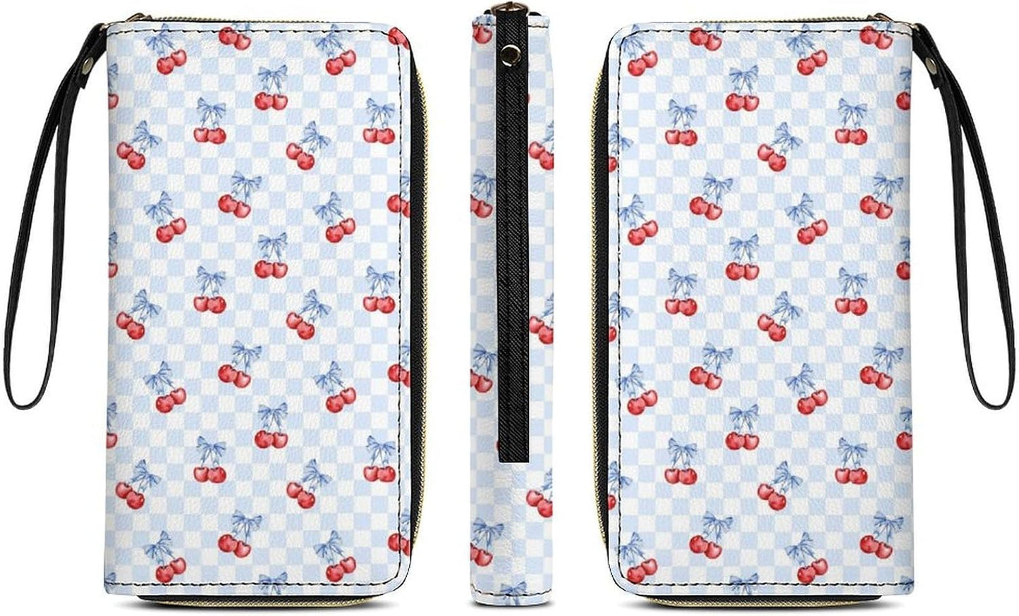 HOTCherry Bow Blue White Checkered Leather Wallet for Women Mens Clutch Purse Large Capacity Wristlet Wallets for Cash Coin Smart Phone Ladies Gift