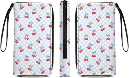 HOTCherry Bow Blue White Checkered Leather Wallet for Women Mens Clutch Purse Large Capacity Wristlet Wallets for Cash Coin Smart Phone Ladies Gift