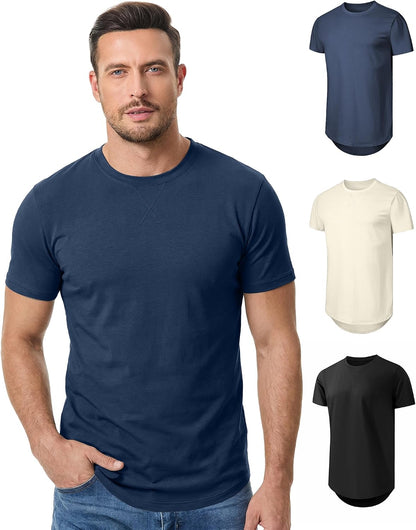 HOTJMIERR Mens 3 Pack Cotton Hipster Hip Hop Longline Crewneck T-Shirt