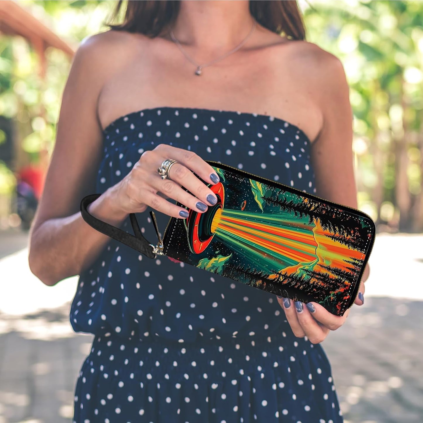 HOTRFID Blocking Wristlet Wallet for Women, Slim PU Leather Clutch Purse with Zipper, Small Credit Card Holder with Wrist Strap, Travel Zip Wallet for Ladies,Colorful alien UFO