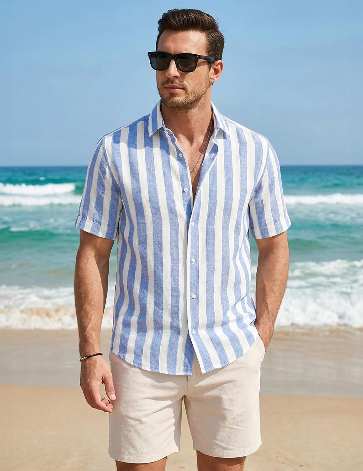 HOTJMIERR Men's Casual Stylish Short Sleeve Button-Up Striped Dress Shirt Cotton Beach Shirts