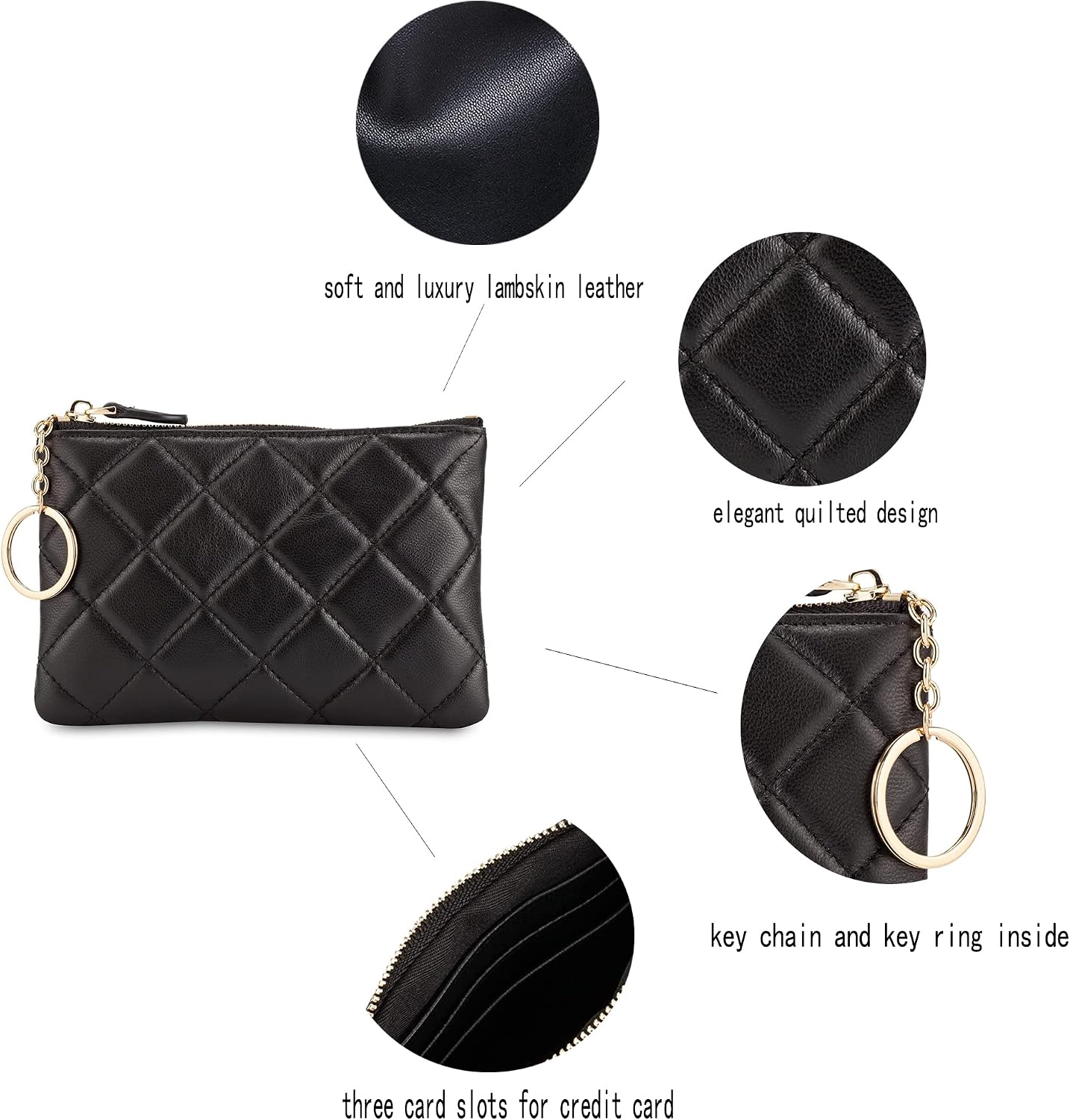 HOTDORIS&JACKY Quilted Leather Coin Purse for Women Mini RFID Zipper Wallet | Soft Lambskin Credit Card Holder with Key Chain, Small Designer Coin Pouch, RFID Blocking Functional Card Case