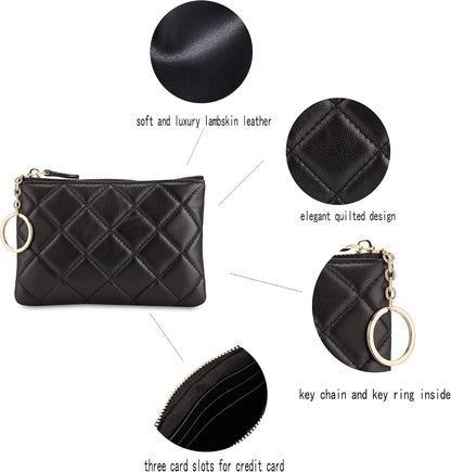 HOTDORIS&JACKY Quilted Leather Coin Purse for Women Mini RFID Zipper Wallet | Soft Lambskin Credit Card Holder with Key Chain, Small Designer Coin Pouch, RFID Blocking Functional Card Case