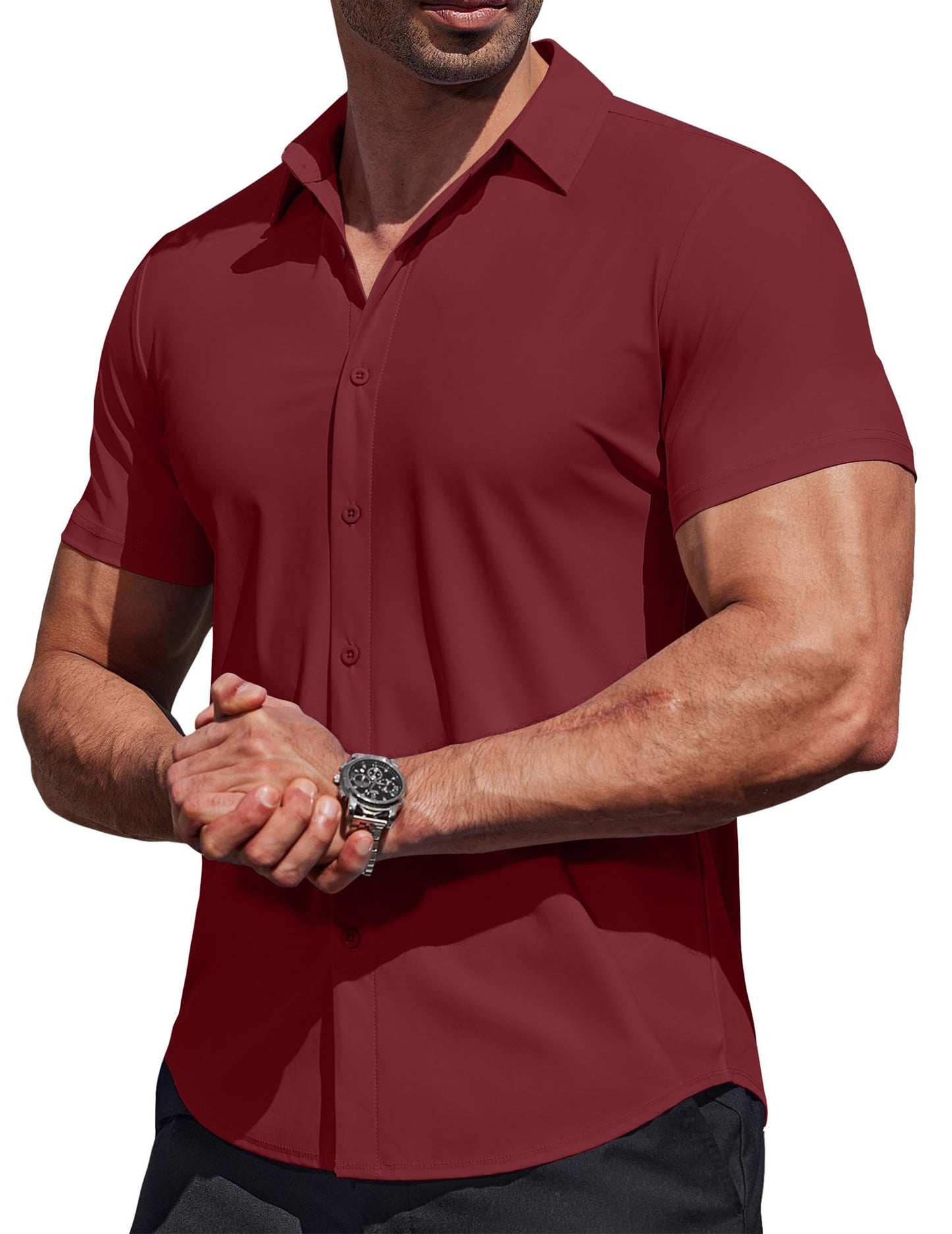 HOTCOOFANDY Mens Muscle Fit Dress Shirts Stretch Wrinkle Free Short Sleeve Button Down Shirt Casual Solid Untucked Shirt
