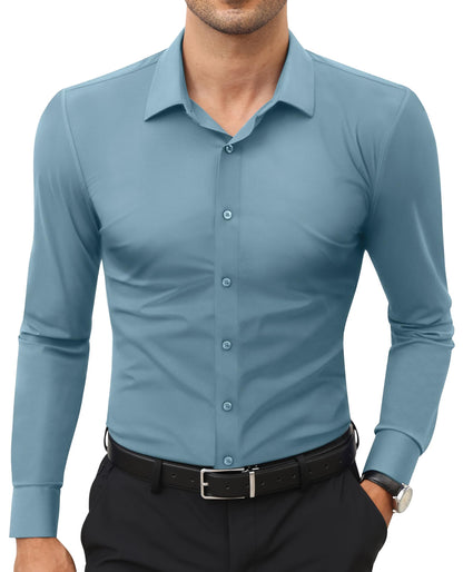 HOTLion Nardo Stretch Mens Dress Shirts Long Sleeve Slim Fit Dress Shirts for Men Muscle Fit Wrinkle Free Button Down Shirt