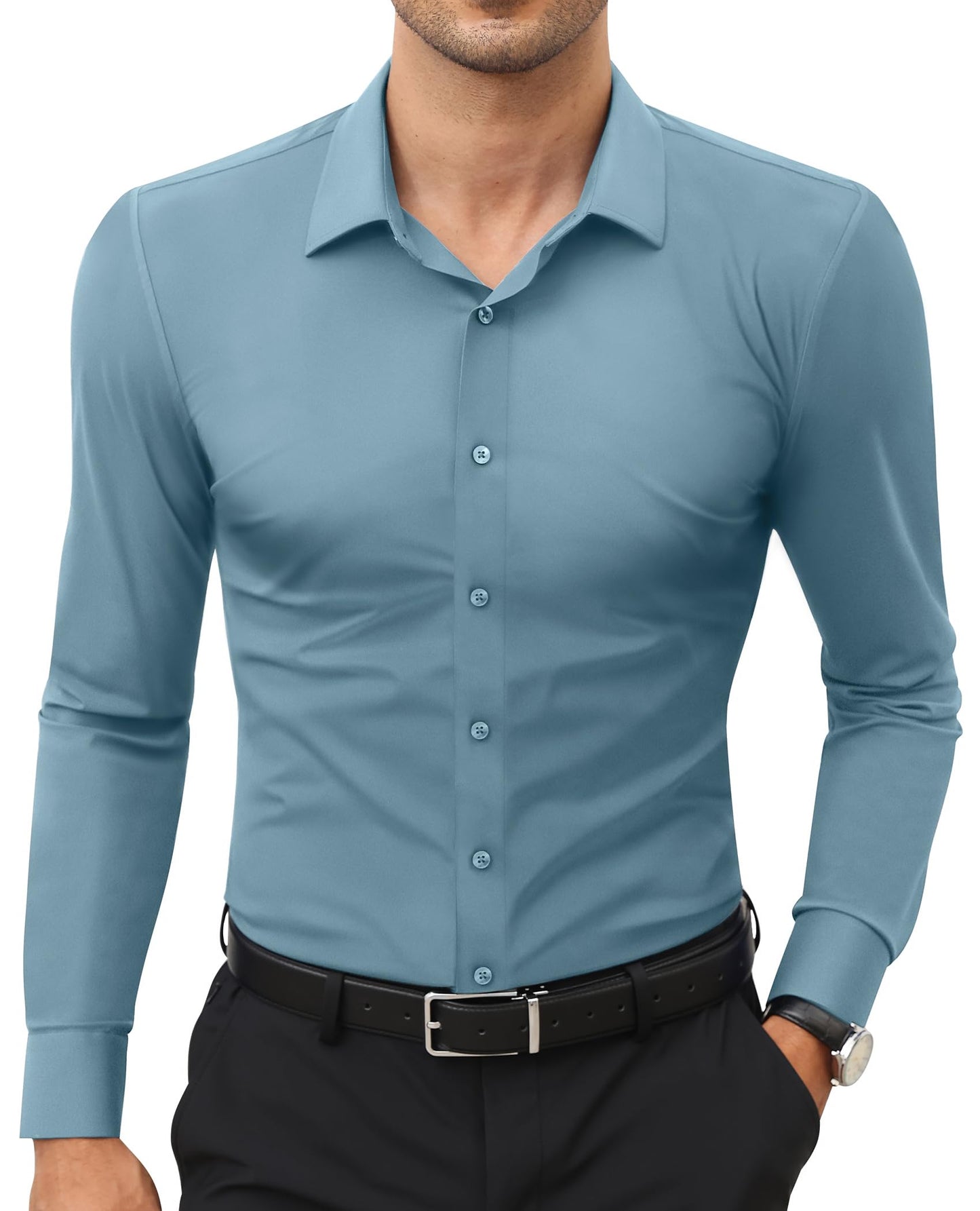 HOTLion Nardo Stretch Mens Dress Shirts Long Sleeve Slim Fit Dress Shirts for Men Muscle Fit Wrinkle Free Button Down Shirt