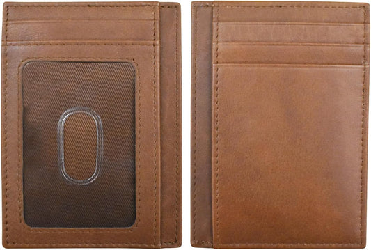 HOTili New York Genuine Leather Slim RFID Card Holder for Men - 7 Slots, Clear ID Window with Thumb Slide, Compact 4.5" x 3", Minimalist Credit Card Holder for Front or Back Pocket - Antique Saddle