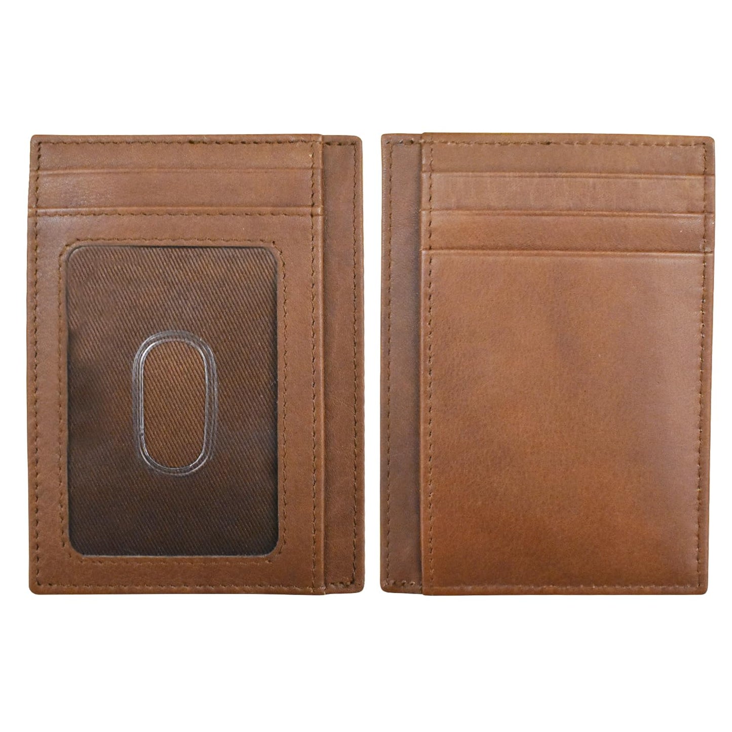 HOTili New York Genuine Leather Slim RFID Card Holder for Men - 7 Slots, Clear ID Window with Thumb Slide, Compact 4.5" x 3", Minimalist Credit Card Holder for Front or Back Pocket - Antique Saddle