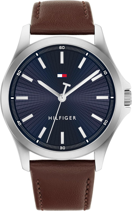HOTTommy Hilfiger Men's 3-Hand Quartz Watch – 42mm Case, Leather Strap, 3 ATM Water Resistant, Modern Everyday Timepiece, Gift for Him